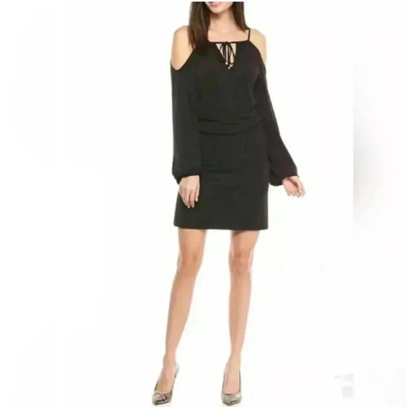Michael Kors Black Cold Shoulder Long Sleeve Stretch Flattering Tunic Dress Sz S - Picture 1 of 15